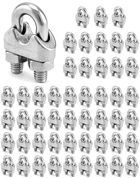QWORK 1 4" Wire Rope Clamp Clip M6, 50 Pack Large U Bolt Saddle Guy Fastener, 304 Stainless Steel Fastener Cable Clamps, Connect 2 Layers of Wire to