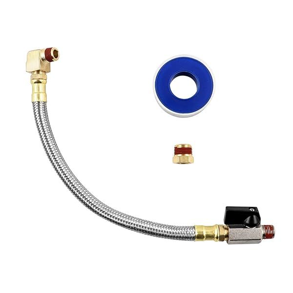 "QWORK Extended Tank Drain Valve Kit for Air Compressors - 10" Hose, Brass Adapter & Seal Tape Included"