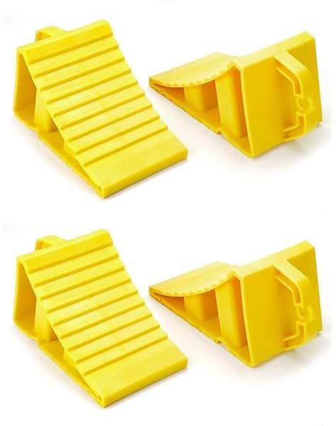 QWORK RV Wheel Chocks, 4 Pack Heavy Duty Car RV Tire Chocks Camper Chocks with Handle and Rope, Car Truck Stopper for Travel Trailers, Camper, Cars,
