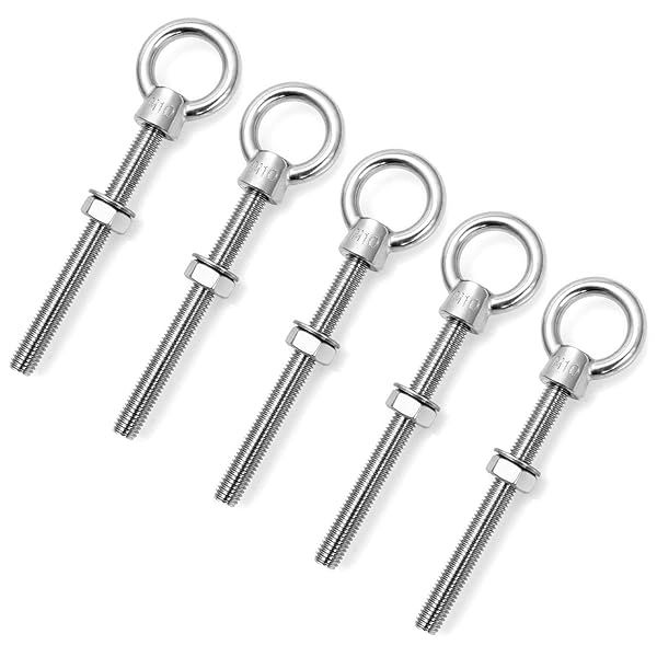 QWORK Stainless Steel Machinery Eye Bolt 5 Pack 3/8 x 4 Inch Long Marine Grade Threaded Eyebolts for Heavy Duty Use