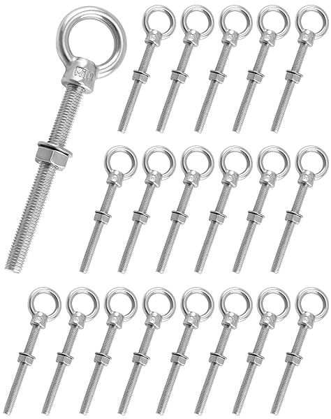 QWORK Threaded Eyebolts, 20 Pack 3 8" x 4" Long Stainless Steel Marine Grade Shoulder Eye Bolt, M10x100mm