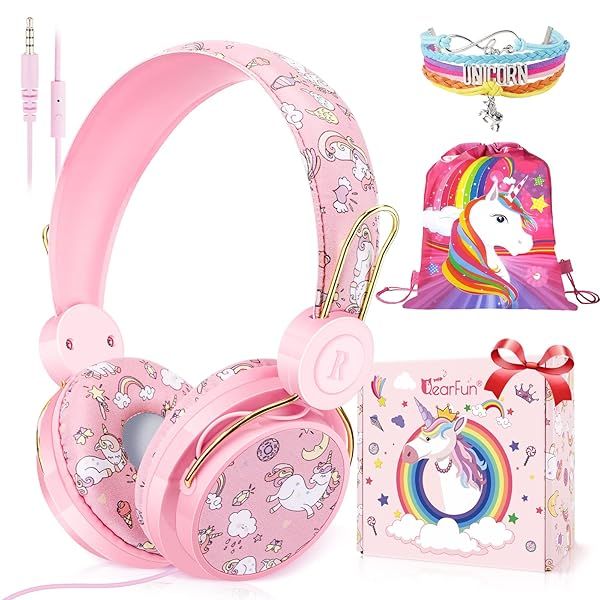 QearFun Unicorn Headphones for Kids: Noise Cancelling, Adjustable, with Microphone - Perfect for School & Tablets!