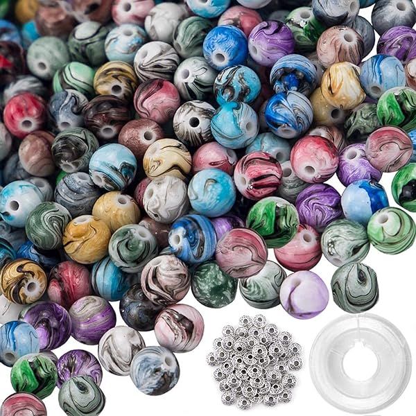 Quefe 500pcs Craft Beads for Jewelry Making: Ink Pattern Acrylic Beads & Spacer Beads for Bracelets