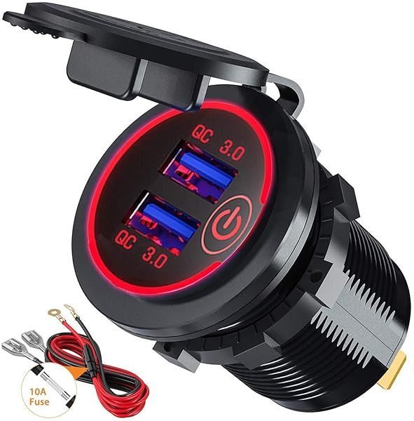 Quick Charge 3.0 Dual USB Car Charger Socket - 36W Fast Charger for Marine, Boat, Motorcycle, Truck & Golf Cart (Red)