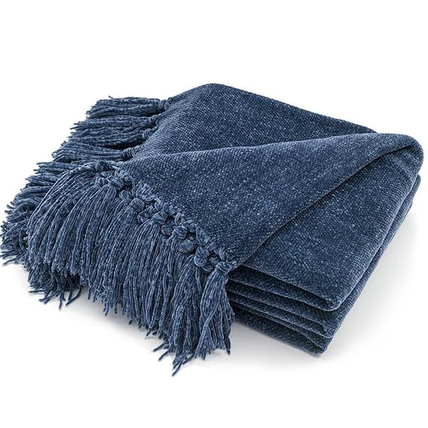RECYCO Soft Cozy Chenille Throw Blanket with Fringe Tassel for Couch Sofa Chair Bed Living Room Gift Blue 50 x 60 Inches