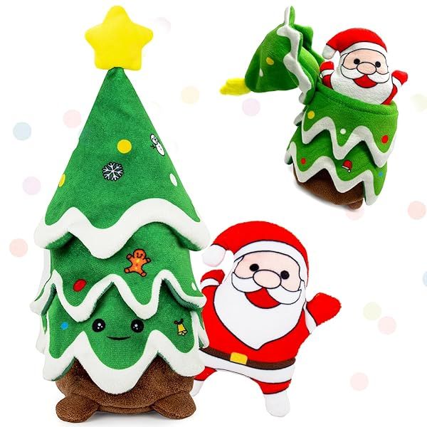 REQIHO Christmas Dog Toys Crinkle Tree Squeaky Santa Plush Hide and Seek Toy for Small and Medium Dogs