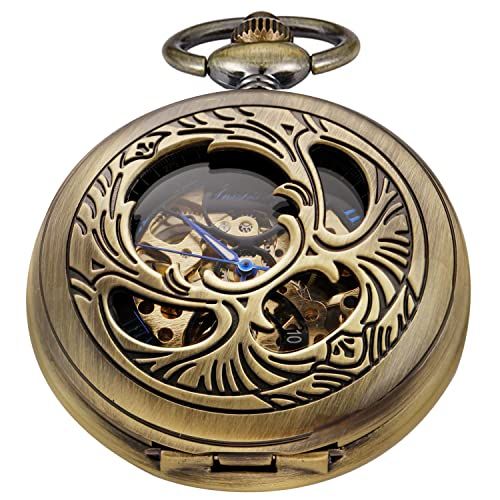 Realpoo Classic Brown Openwork Case Mechanical Pocket Watches, Mechanical Vintage Bronze Mechanical Pocket Watches Roman Numerals Black Dial Watches