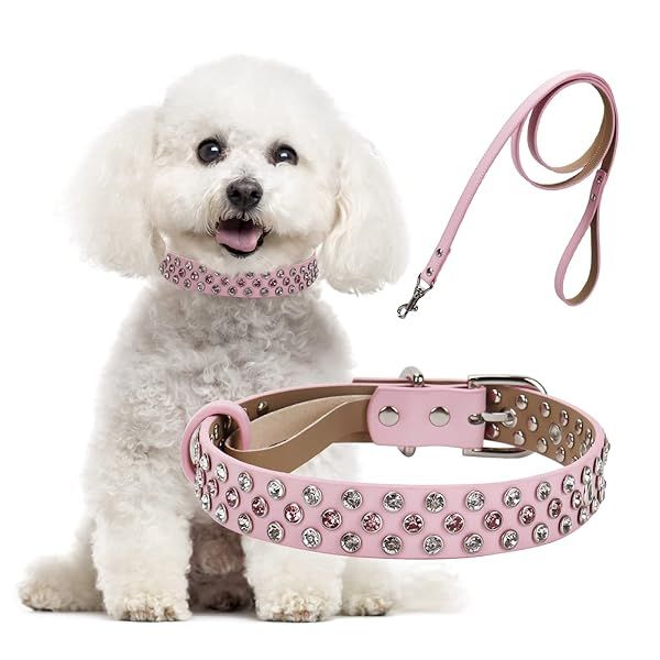 Bling Diamond Rhinestone Dog Collar with Leash Adjustable Sparkly Heavy Duty Microfiber Leather for Small Medium Large Dogs Pink