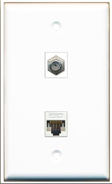 RiteAV Wall Plate: 1 Coax F Type & 1 Cat5e Ethernet Port - White, Easy Installation & Durable Design
