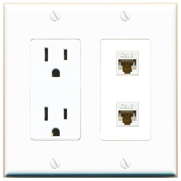 RiteAV 15 Amp Power Outlet 2 Port Cat6 Ethernet White Decorative Wall Plate for Home and Office Use