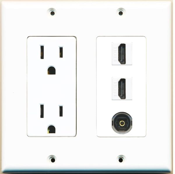 RiteAV 15 Amp Power Outlet 2 Port HDMI 1 Port Toslink Decorative Wall Plate White
