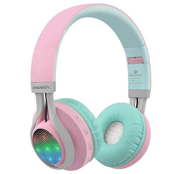 Riwbox WT-7S Bluetooth Headphones: Light-Up, Foldable Wireless Headset with Mic for PC, Tablet, TV & Travel (Pink Green)