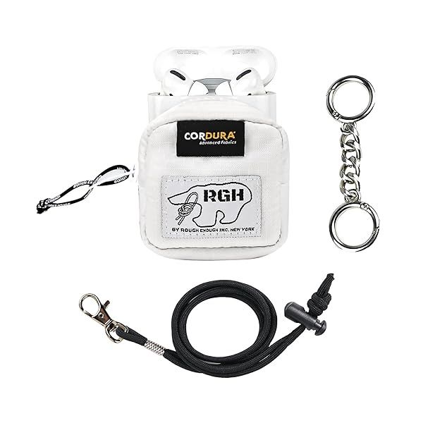 Rough Enough Earbud Case Pouch with Neck Lanyard Keychain for Wireless Bluetooth Earbuds White