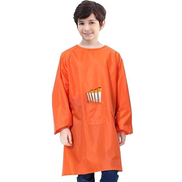 Royar Beauty Kids Art Smock Waterproof Apron with Pocket Long Sleeve for Boys and Girls Ages 4-8 Orange