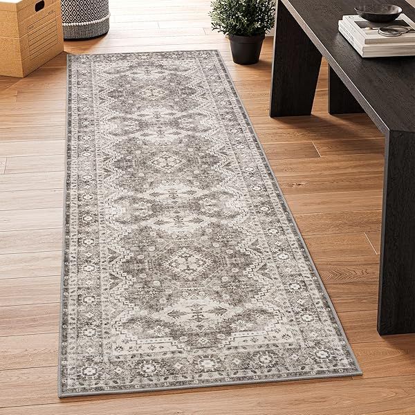 Rugland 26x8 Runner Rug Stain Resistant Anti Slip Vintage Tribal Area Rug for Entryway and Hallway TPR07 Ivory