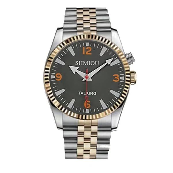 SHMIOU English Talking Watch for The Elderly Blind Visually Impaired Man Male Stainless Steel Gold Silver Bracelet Gray Dial Voice with Alarm