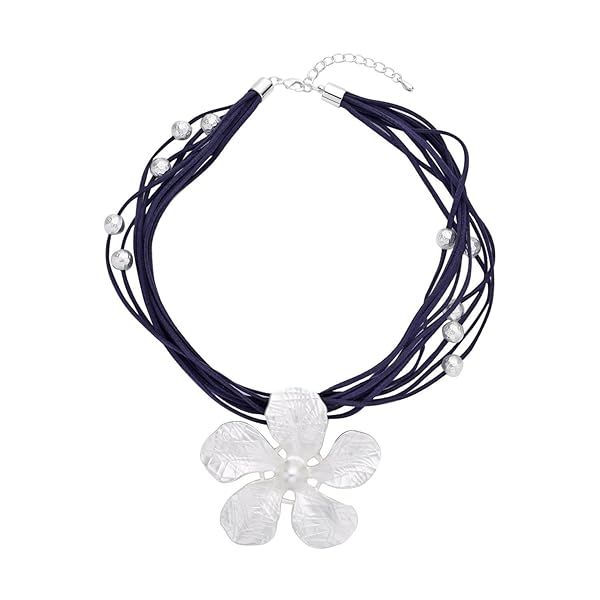 "Shop LC Multi Strand Faux Leather Jasmine Flower Necklace - Perfect Christmas Gift for Women, 18-20" Navy & Platinum Plated Jewelry"