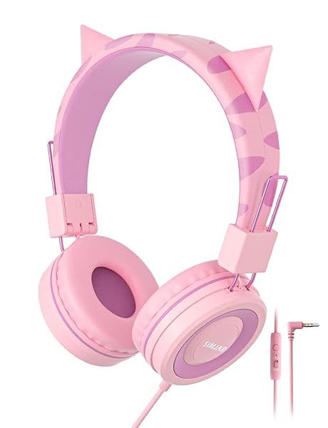 SIMJAR Cat Ear Kids Headphones with Microphone for School, Volume Limiter 85 94dB, Wired Girls Headphones with Foldable Design for Online Learning