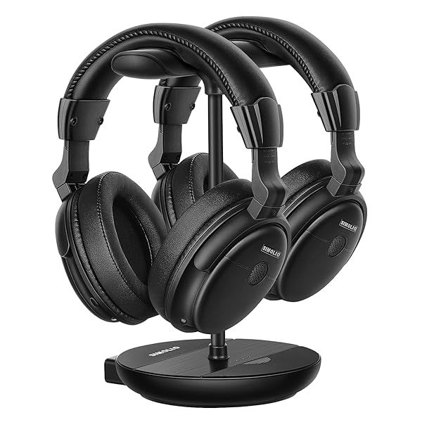 SIMOLIO Dual Wireless Headphones for TV Watching w 2.4G Transmitter and Charging Stand and Spare Battery, Dialog Clarifying, by-Pass, Tone and