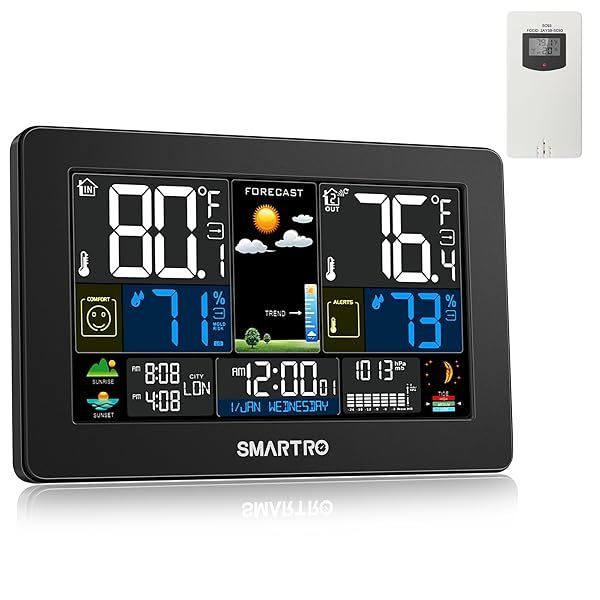 SMARTRO Wireless Weather Station: Indoor/Outdoor Thermometer with Color Display, Barometer, Humidity Monitor & Moon Phase