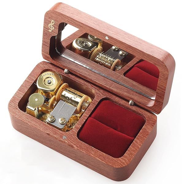 SOFTALK Vintage Wood Ring Jewelry Box - Musical Gift for Engagement, Wedding, Christmas & Valentine's Day (Howl's Moving Castle Tune)