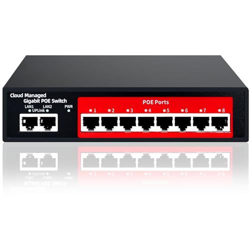 STEAMEMO 10-Port Gigabit Managed PoE Switch with 8 PoE+ Ports 120W 2 Uplink Ports VLAN Fanless Plug and Play Metal Desktop Wall-Mount