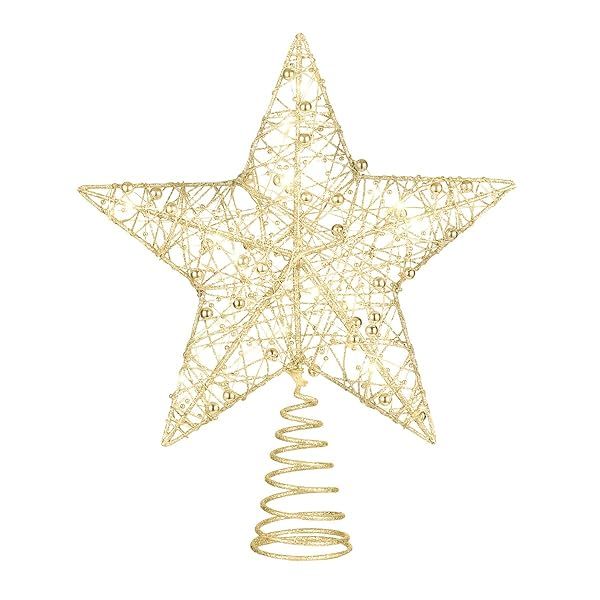 STOBOK Golden Christmas Tree Topper Star with Glitter Lights 10 x 12 inch Ornament for Holiday Home Decor