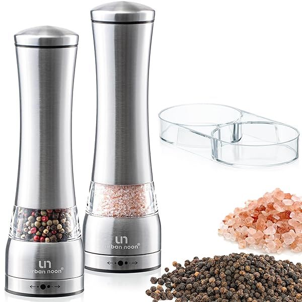 Large Capacity Salt and Pepper Grinder Set Stainless Steel Manual Mills with Adjustable Coarseness and Tray in Luxurious Gift Box Set of 2