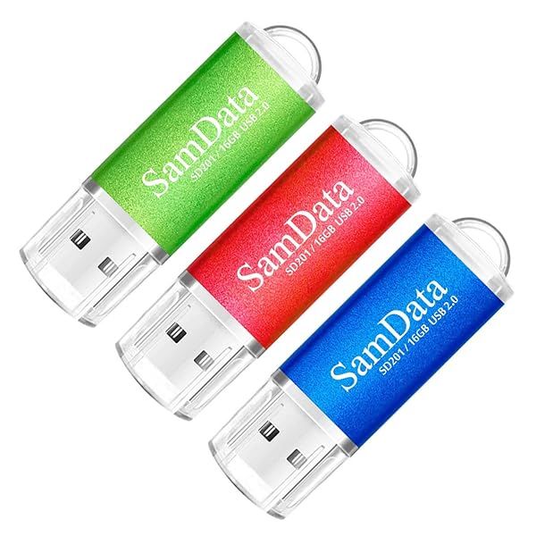 SamData 16GB USB 2.0 Flash Drive 3-Pack - Colorful Thumb Drives in Blue, Green, Red for Easy Storage