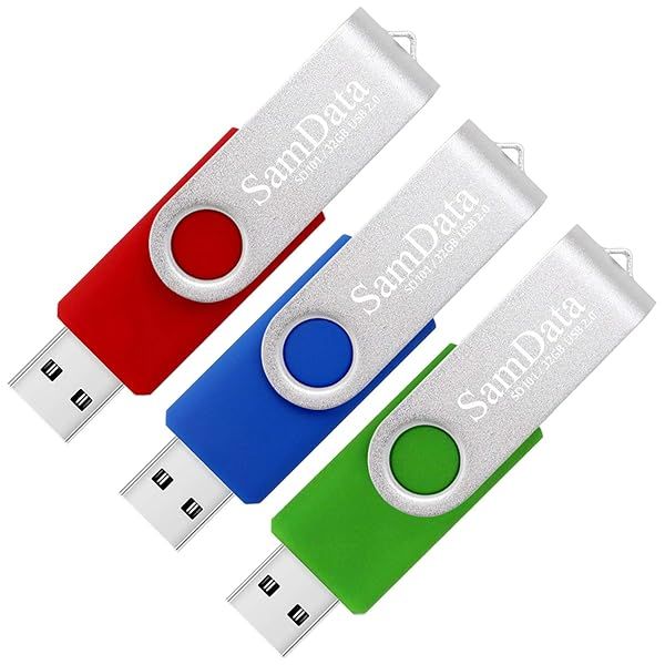 SamData 32GB USB 2.0 Flash Drive 3-Pack - Swivel Thumb Drive in Blue, Green, Red for Easy External Storage