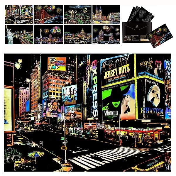 Scratch & Sketch Art Paper A4: 8PC Rainbow Scratch Cards & Drawing Pen for Kids & Adults - Create Stunning Night View Art!