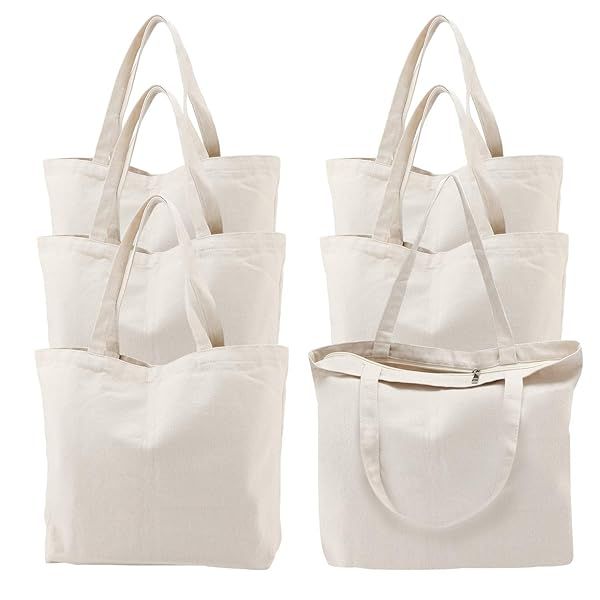Segarty 6 Pack Canvas Tote Bags with Zipper 16x15 inch Reusable Washable Grocery Shopping Bags for Women and DIY Crafts
