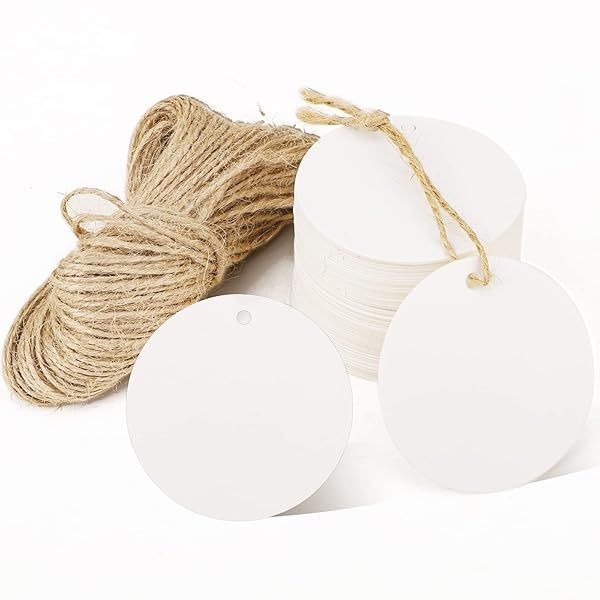Segarty Blank Paper Tags - 100 PCS White Round Gift Tags with 65 Feet Jute Twine, Great for Crafts, Nametags, Gifts Wrapping, Birthdays Greeting Card