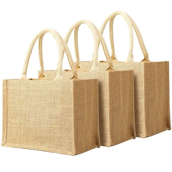 Segarty Burlap Tote Bags, 3 Pcs Small Natural Jute Reusable Gift Favors Bag with handles Blank Tote Bulk for Bridesmaid Wedding, Women Market Grocery