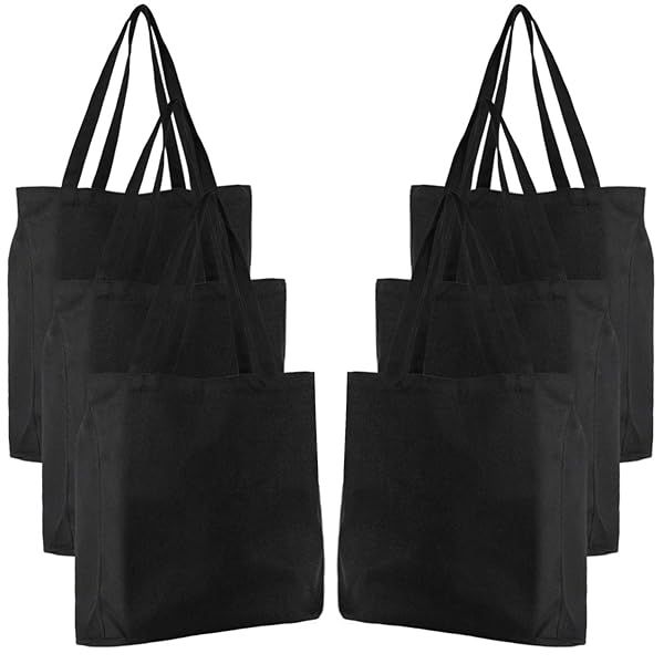 Segarty Canvas Tote Bag 6 Pack Reusable Grocery Shopping Bags for Women Black Natural Cotton Large Tote for Beach Travel DIY Crafts