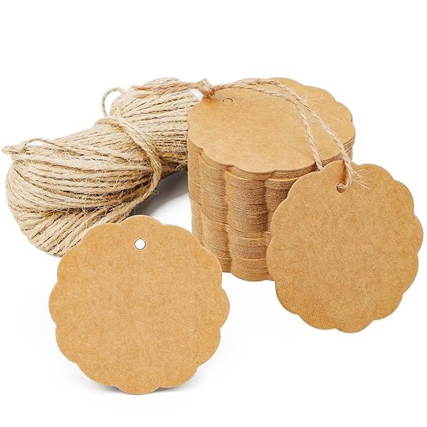 Segarty Craft Tags - 100 PCS Brown Flower Paper Gift Tags with 65 Feet Jute Twine for Wedding Birthday Gifts, Craft Projects
