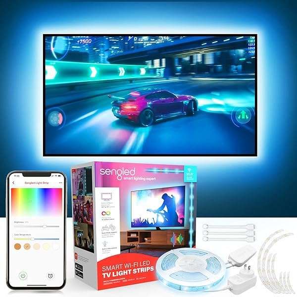 "Sengled Smart TV LED Backlights: 8 PCS RGB Strip Lights for 45-75" TVs, Alexa & Google Home Compatible, Music Sync & Adjustable Length"