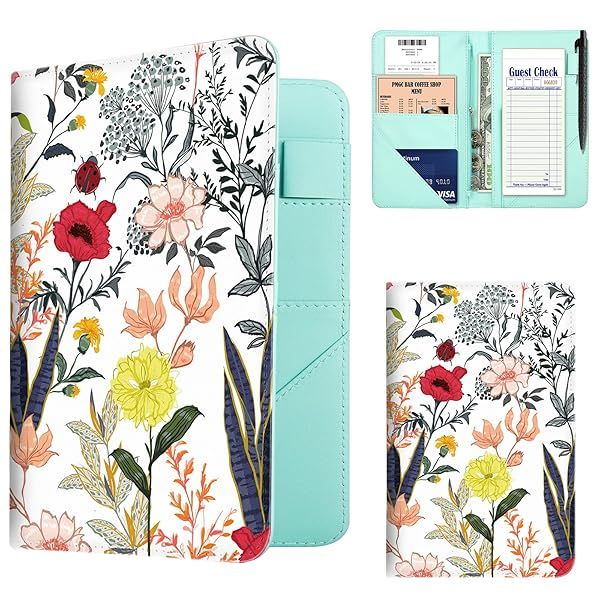 Server Book, PU Leather Server Books for Waitress, Waitress Book with 1 Zipper Pocket, Waiter Wallet with 9 Pockets and 1 Pen Holder, Server Note Pad