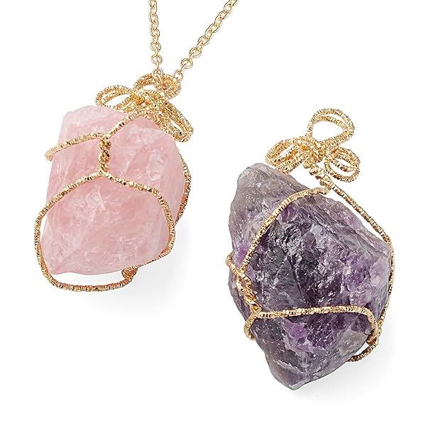 Handmade Amethyst and Rose Quartz Crystal Necklace Set 24 Inch Jewelry Gifts for Women