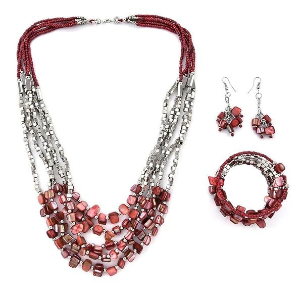 Shop LC Handmade Chunky Red Beaded Jewelry Set: Necklace, Bracelet & Earrings for Women - Perfect Boho Beach Gifts!