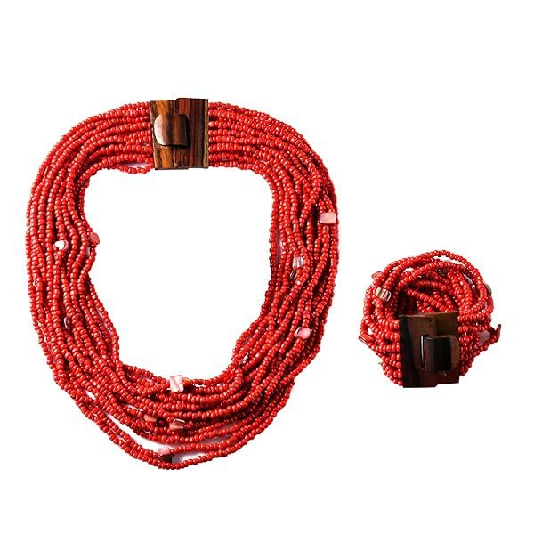 "Shop LC Handmade Red Seed Bead Necklace & Bracelet Set - Boho Multi-Strand Jewelry for Women - 18" Layered Design with Wooden Clasp"