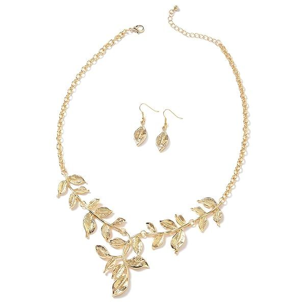 "Shop LC ION Plated Yellow Gold Leaf Jewelry Set: Floral Earrings & 22" Necklace - Perfect Birthday Gifts for Women"