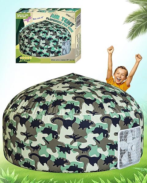 "Skywin Dino-Camo Air Tent Playhouse for Kids - Inflatable 63x40" Easy Setup & Storage"