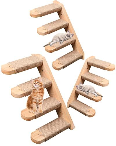 Skywin Cat Wall Steps, 3 Pack Wooden Color Solid Rubber Cat Stairs for Wall, Great for Scratching and Climbing, Easy to Install