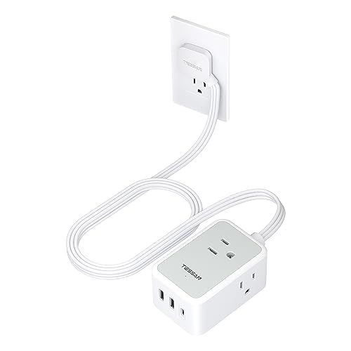 TESSAN Small Flat Plug Power Strip, Ultra Thin Extension Cord with 3 USB Wall Charger (1 USB C), 3 Outlets Mini Charging Station, 5 ft Slim Plug for