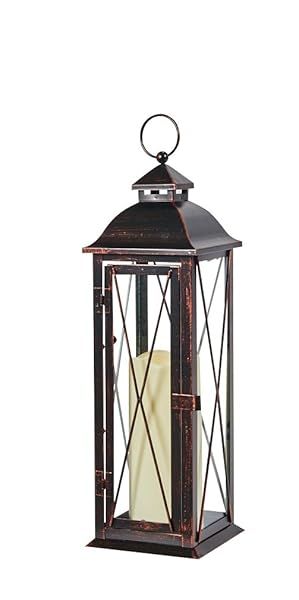 Smart Design Siena Metal Lantern with LED Candle 16 Inch Tall Antique Brown Finish Indoor Outdoor Use