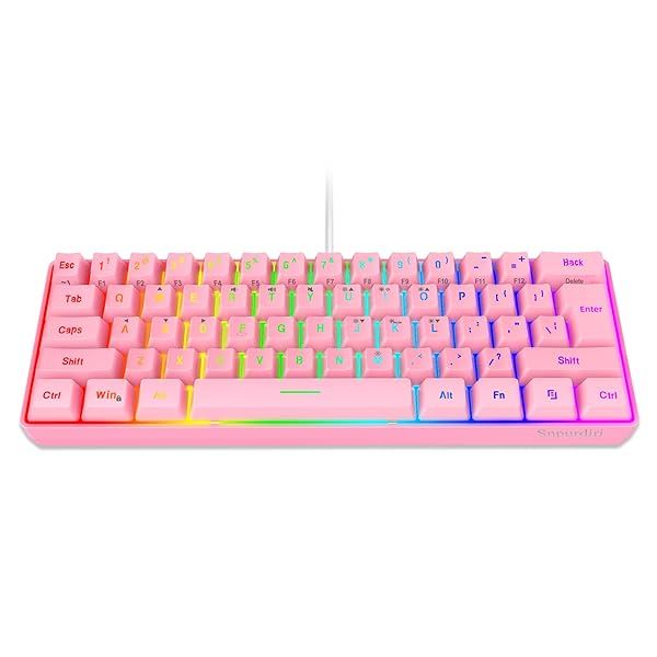 Snpurdiri 60% Wired RGB Gaming Keyboard - Ultra-Compact, Waterproof Mini 61 Keys for PC/Mac Gamers & Typists (Pink)