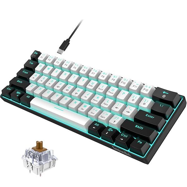 Snpurdiri 60% Wired Mechanical Gaming Keyboard, Ice Blue LED Backlit 61 Keys Mini Wired Office Keyboard for Windows Laptop PC Mac (Black-White, Brown