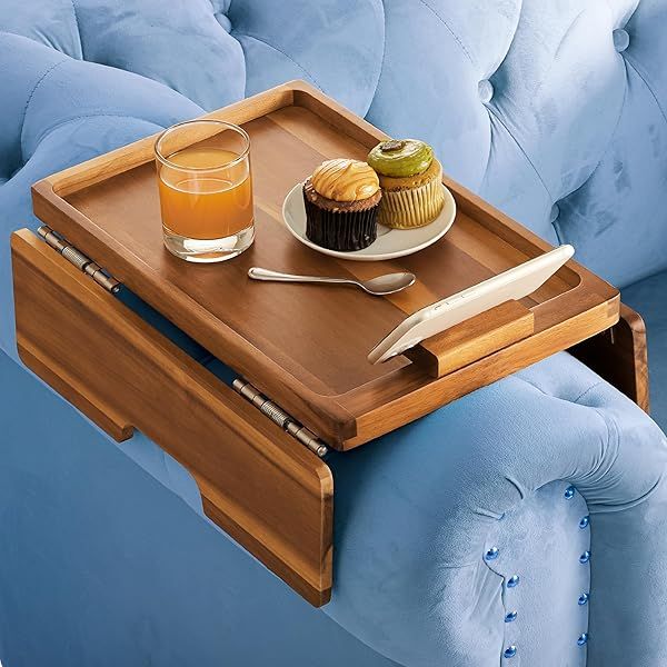 Sofa Armrest Tray, Arm Table Sofa Arm Tray Clip on Tray Table, Sofa Tray Table for Couch, Folding Snack Table with 360 Rotating Phone Bracket, Non-slip/Flexible with Different Armrest Shapes and Width