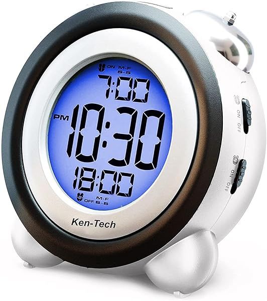 Sonnet Twin Bell Digital Alarm Clock Loud for Heavy Sleepers Battery Operated Dual Alarm Blue Backlight for Teens and Seniors by Ken-Tech White
